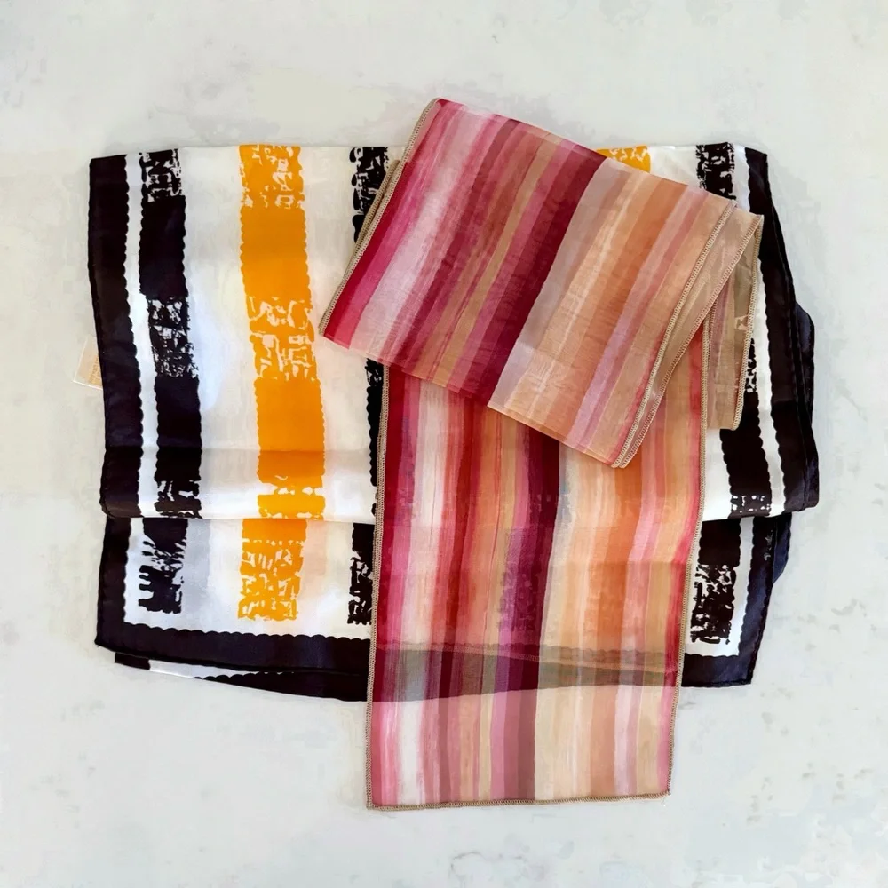 BUNDLE (2) Retro Print Scarves: Sheer Pink Stripe & Art Stripe (Mustard & Black)